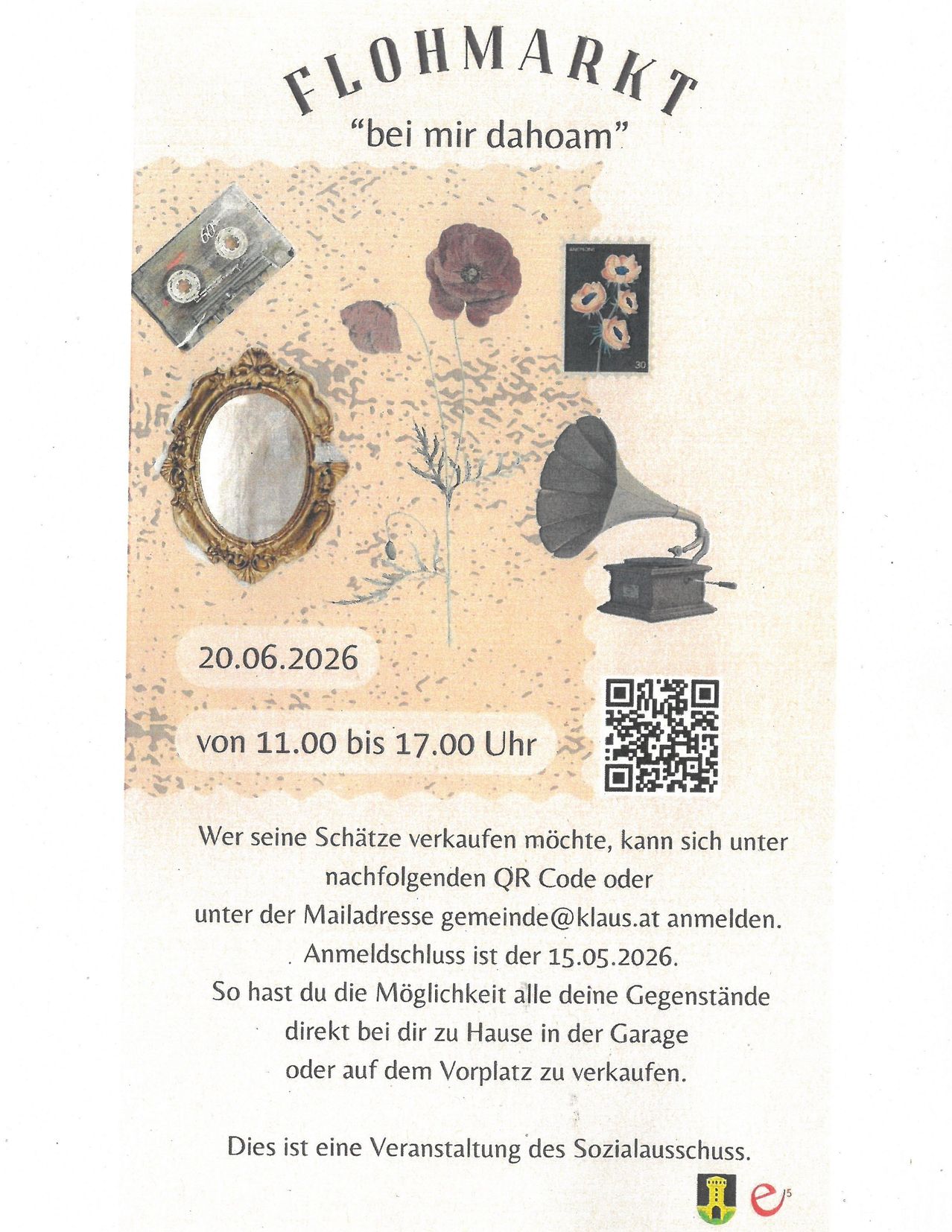 An auction poster features a QR code, a mirror, a gramophone, and flowers. The event is on June 20, 2026, from 11:00 to 17:00. Register via QR code or email at gemeinde@klaus.at. Registration closes on May 15, 2026.