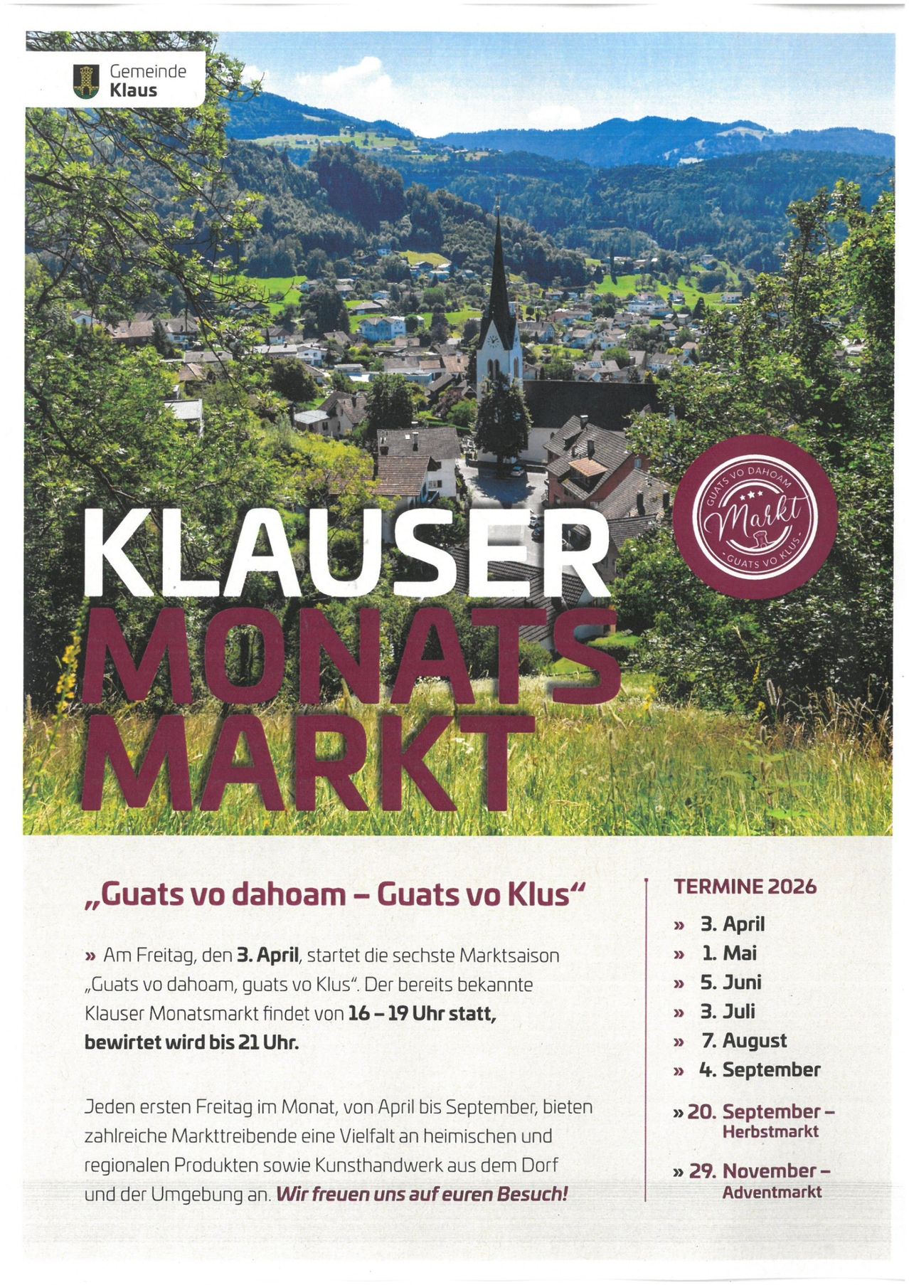 Werbeplakat für den Klauser Monatsmarkt, eine Marktveranstaltung mit lokalen Produkten und dem Slogan 'Guats vo dahoam - Guats vo Klus'. Geplant für den 3. April 2026, findet er von 16-19 Uhr statt. Termine im Jahr sind der 3. April, 1. Mai, 5. Juni, 3. Juli, 7. August und 4. September.