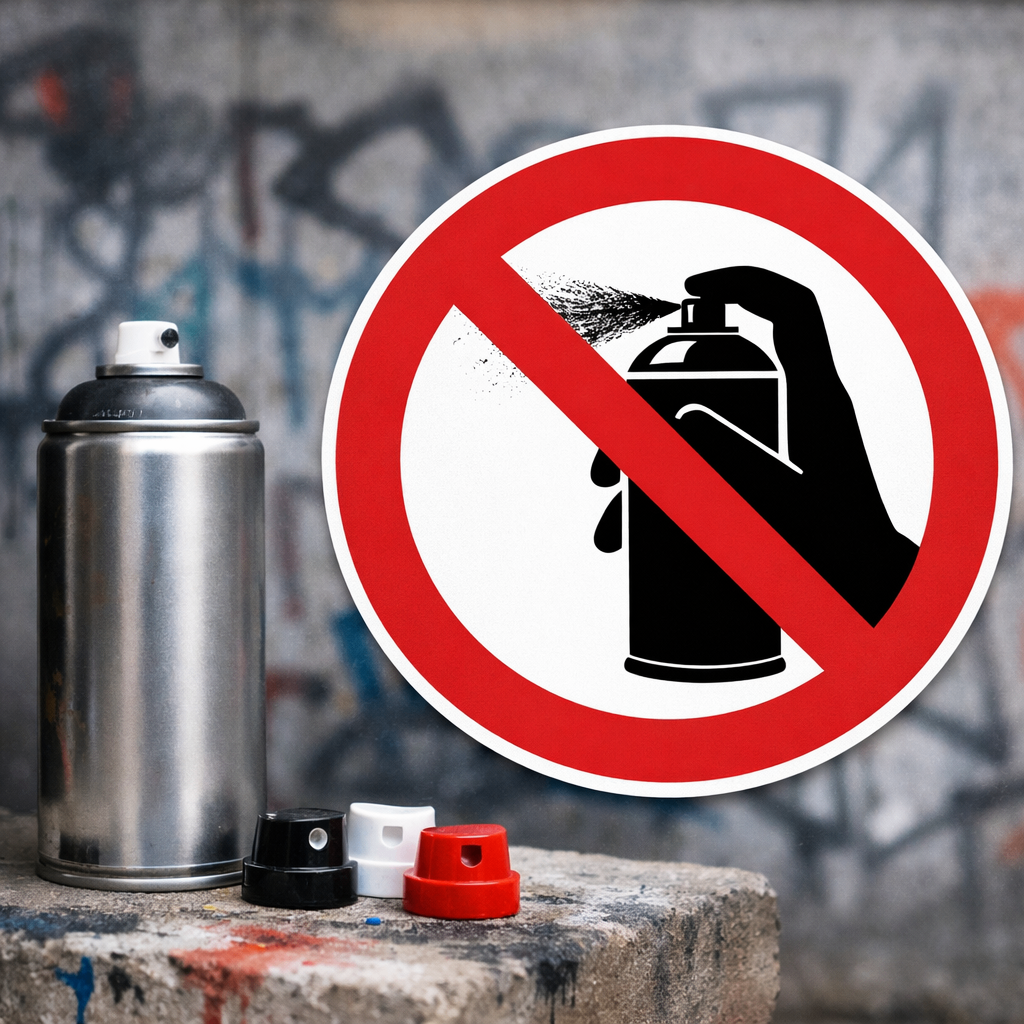 Ein rot-weißes Schild verbietet Spraydosen vor einem Hintergrund mit Graffiti, neben einer silbernen Spraydose und anderen Gegenständen.