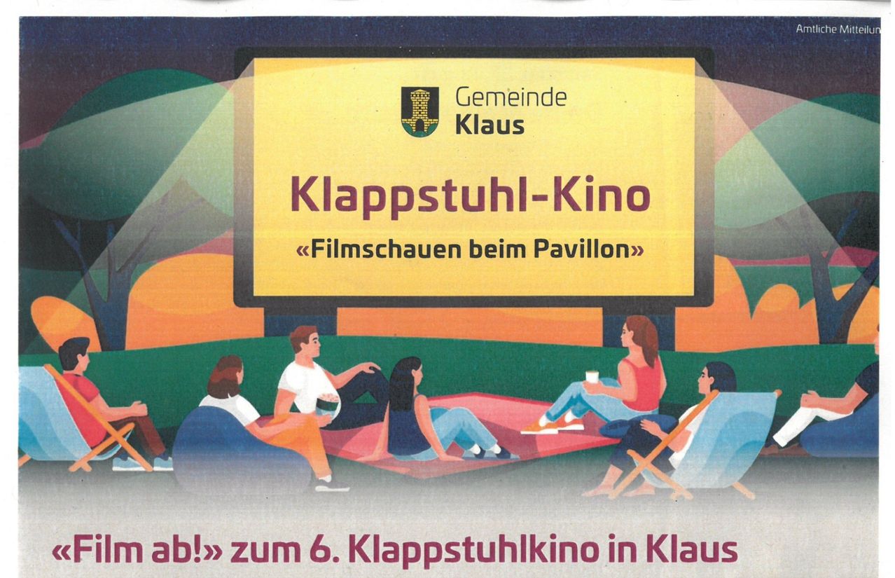 A poster for Klappstuhl-Kino in Klaus, featuring a group of people sitting on bean bags in front of a screen, with a yellow background and a logo.
