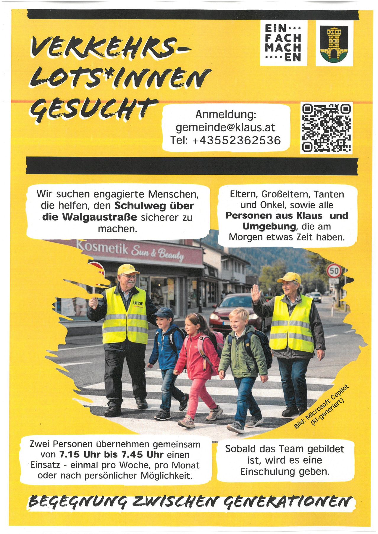 Ein Plakat mit gelbem Hintergrund sucht Freiwillige, um Kindern beim Überqueren einer belebten Straße zu helfen. Es enthält einen QR-Code für die Anmeldung und eine Kontakt-E-Mail. Unten sind eine Gruppe von Menschen, einschließlich Erwachsener und Kindern, die gemeinsam auf einem Zebrastreifen gehen.