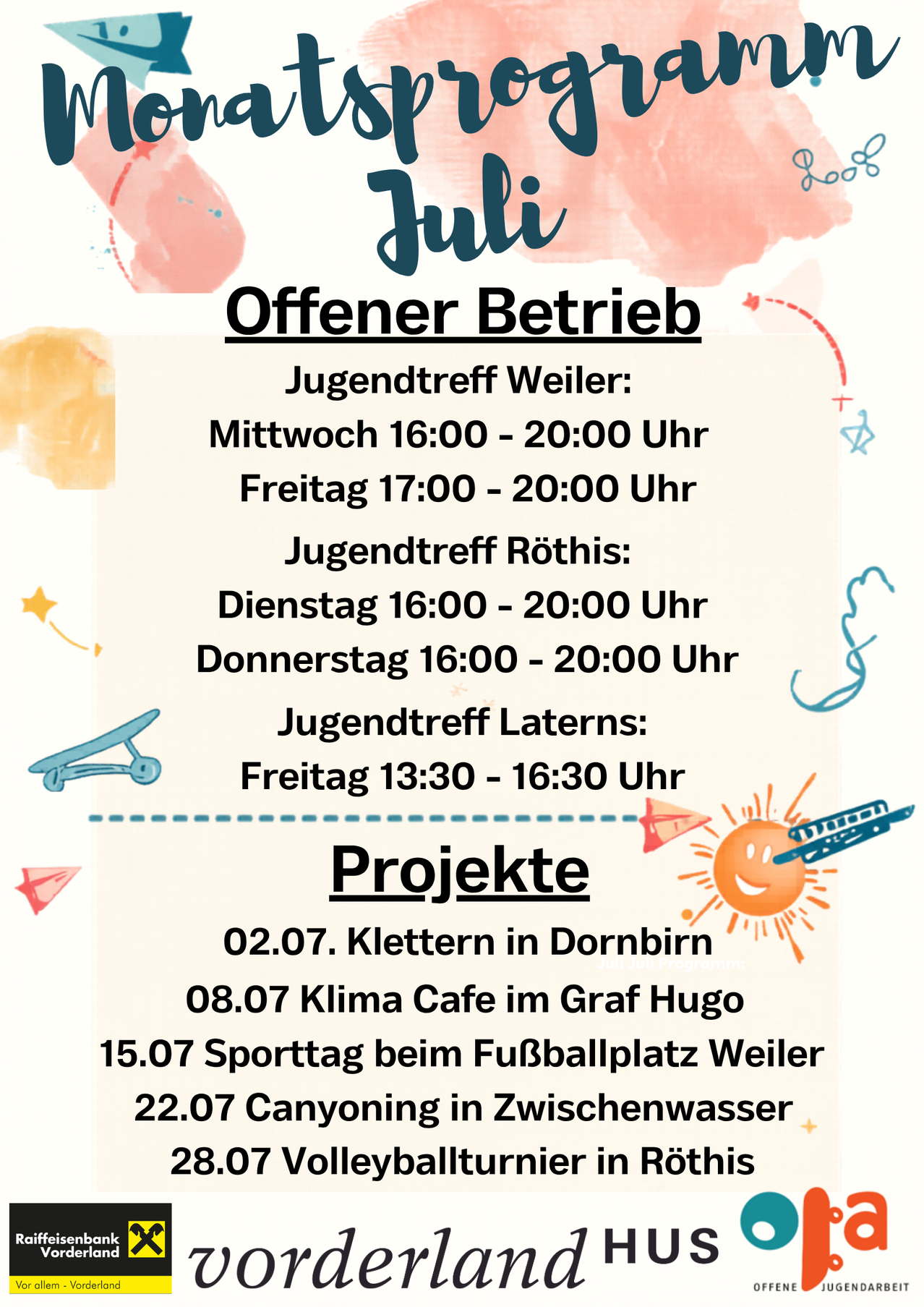 Plakat zeigt Öffnungszeiten für Jugendtreffs in Weiler, Röthis und Laterns. Veranstaltungen umfassen Klettern in Dornbirn, Klima Cafe, Sporttag und Canyoning.