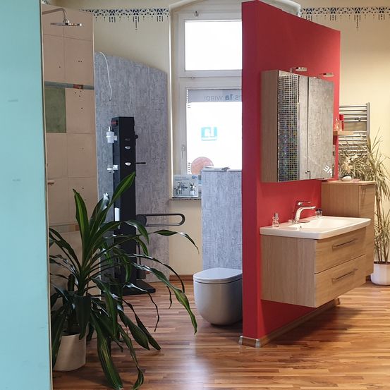 Ein modernes Badezimmer mit roter Wand, Holzboden und einem weißen Waschbecken mit silberner Armatur. Ein Toilettenbereich und eine Dusche sind sichtbar, mit einer Pflanze in einem weißen Topf.