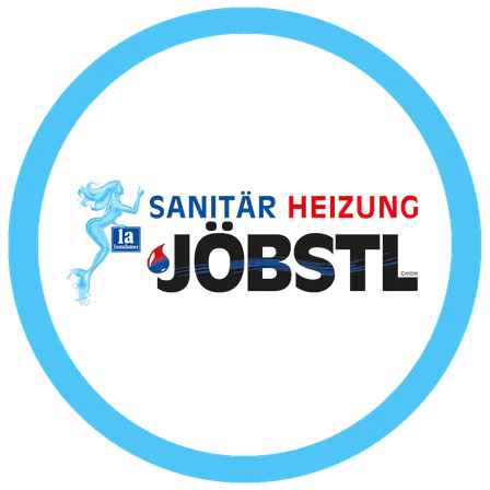 Rundes Logo mit blauem Umriss und weitem zentralen Design, das eine stilisierte Figur, 'SANITÁR HEIZUNG' in Rot und 'JOBSTL' in Schwarz zeigt.