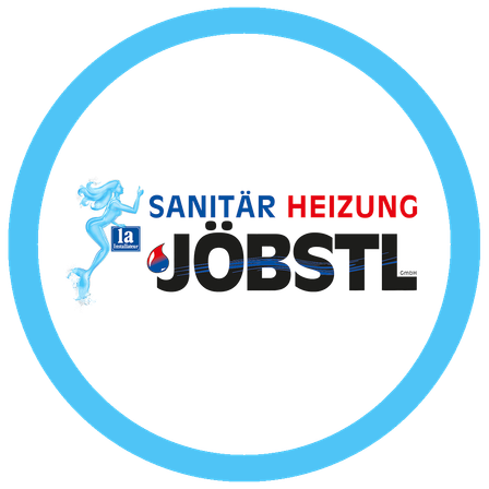 Rundes Logo mit blauem Umriss und weitem zentralen Design, das eine stilisierte Figur, 'SANITÁR HEIZUNG' in Rot und 'JOBSTL' in Schwarz zeigt.