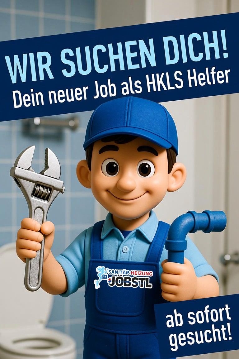 Eine Zeichentrickfigur, die als Klempner gekleidet ist, hält eine Schraubenschlüssel und eine Rohr, vor einem Badezimmer stehend. Der Text lautet 'Dein neuer Job als HKLS Helfer.'