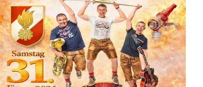 Ein Werbeplakat für den Feuerwehrball FF Köttlach zeigt drei Männer, die Musikinstrumente halten, einer hält eine Trompete, ein anderer eine Gitarre und der dritte ein Akkordeon. Das Datum der Veranstaltung ist der 31. Januar 2026.