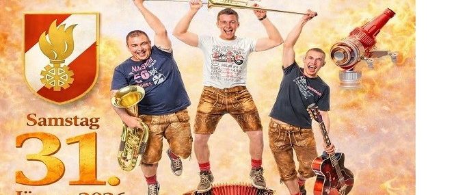 Ein Werbeplakat für den Feuerwehrball FF Köttlach zeigt drei Männer, die Musikinstrumente halten, einer hält eine Trompete, ein anderer eine Gitarre und der dritte ein Akkordeon. Das Datum der Veranstaltung ist der 31. Januar 2026.