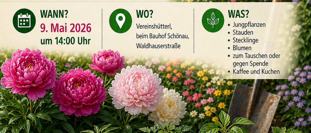 Teile an der Pflanzentauschveranstaltung am 9. Mai 2026 um 14:00 bei Vereinshuetterl, Bauhof Schonau, Waldhauserstrasse. Bringe zusätzliche Pflanzen, Stecklinge, Samen oder Ableger mit zum Tausch. Kaffee und Snacks sind vorhanden.