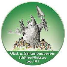Ein rundes Logo mit einer gezeichneten Krabbe, die eine Schaufel hält und auf einem Haufen Steine steht. Der Text lautet 'Obst u. Gartenbauverein Schonau/Konigssee, gegr. 1991.' Der Hintergrund ist grün.