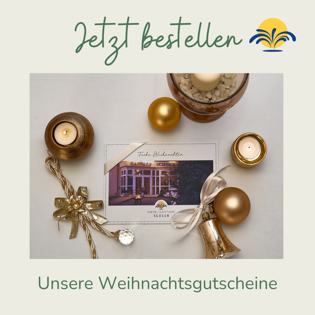 Auf einem Tisch befinden sich eine goldene Glocke, eine Kerze, ein Band und eine Feiertagskarte für Hotel Gasthof Scheerer. Der Text auf der Karte lautet 'Fische Weihnachten'. Über dem Bild steht 'Jetzt bestellen'. Darunter befindet sich der Titel 'Unsere Weihnachtsgutscheine'.