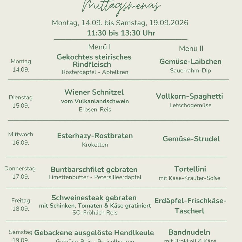 Wöchentliches Menü vom Montag, 14.09. bis Samstag, 19.09.2026. Menü I beinhaltet Gerichte wie geschmortes Rindfleisch und Röstkartoffeln, während Menü II Optionen wie Gemüseeintopf und Sauerkrautdip anbietet.