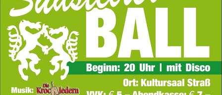 Plakat für den Südsteirischen Ball. Er beginnt um 20 Uhr im Kultursaal. Der Ticketpreis beträgt 5 € und die Abendkasse öffnet am 10. Januar.