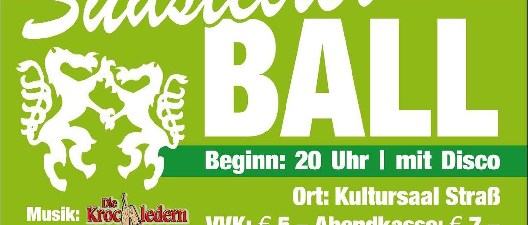 Plakat für den Südsteirischen Ball. Er beginnt um 20 Uhr im Kultursaal. Der Ticketpreis beträgt 5 € und die Abendkasse öffnet am 10. Januar.