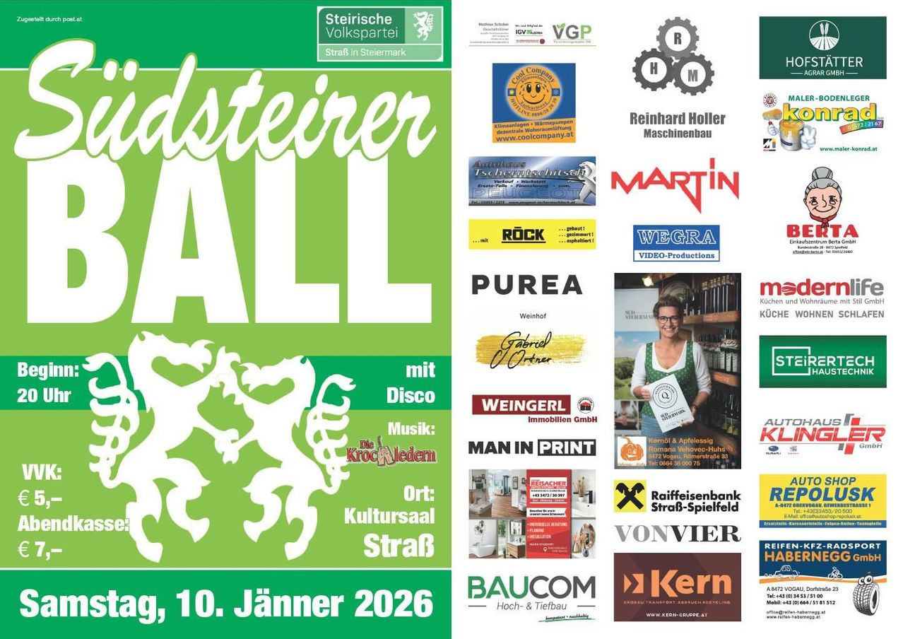 Plakat für eine lokale Veranstaltung in StraB mit Sponsoren und Veranstaltungsdetails. Geplant für den 10. Jänner 2026, beinhaltet es Musik, Disco und kulturelle Aktivitäten.