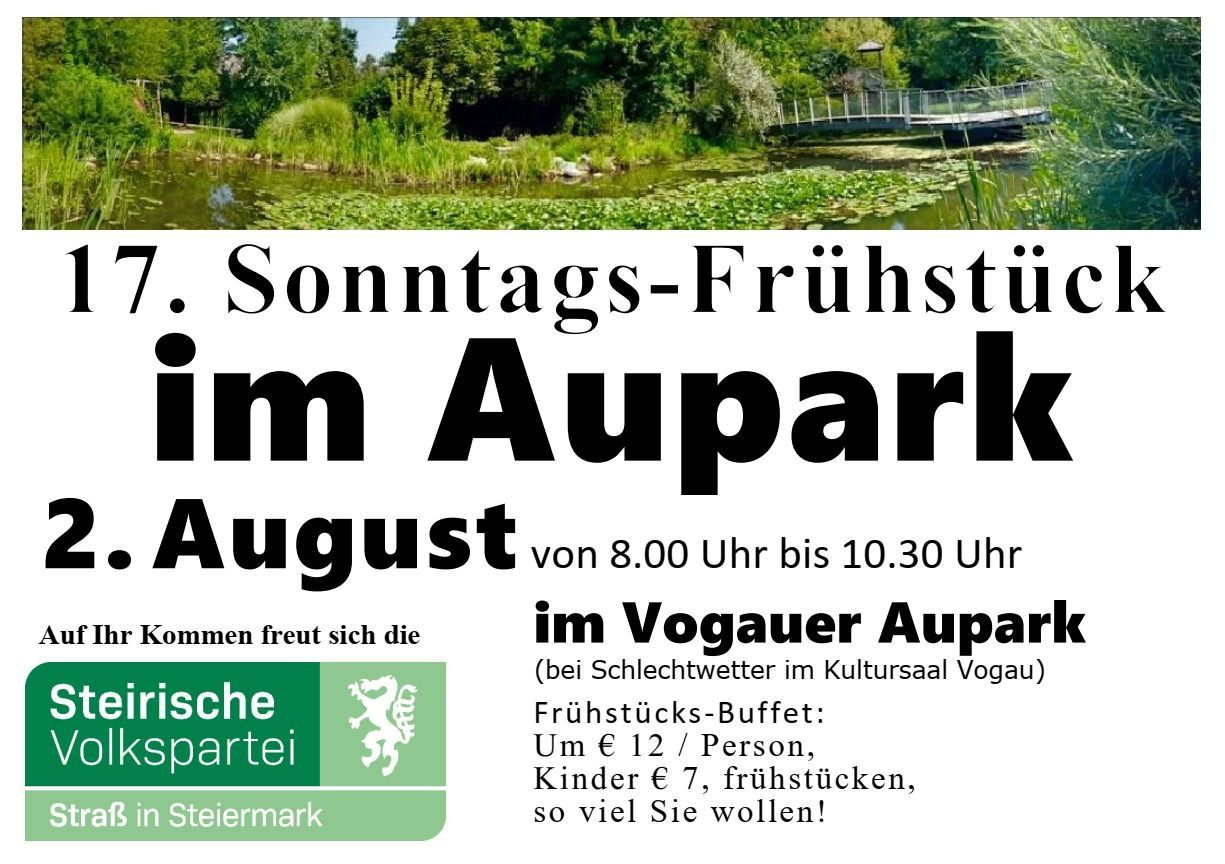Ein Plakat für ein Sonntagsfrühstück im August im Vogauer Aupark, mit einer Brücke über einem Teich und viel Grün. Der Preis beträgt 12 Euro pro Person und 7 Euro für Kinder.