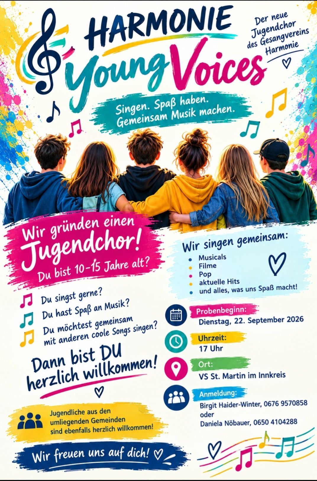 Plakat zur Rekrutierung eines Jugendchores, das eine Gruppe von Kindern beim gemeinsamen Singen zeigt. Das Poster betont den Spaß am gemeinsamen Singen und Musizieren. Es enthält Details zu den Musikgenres, die sie abdecken werden, sowie Datum und Uhrzeit der Vorsingen.