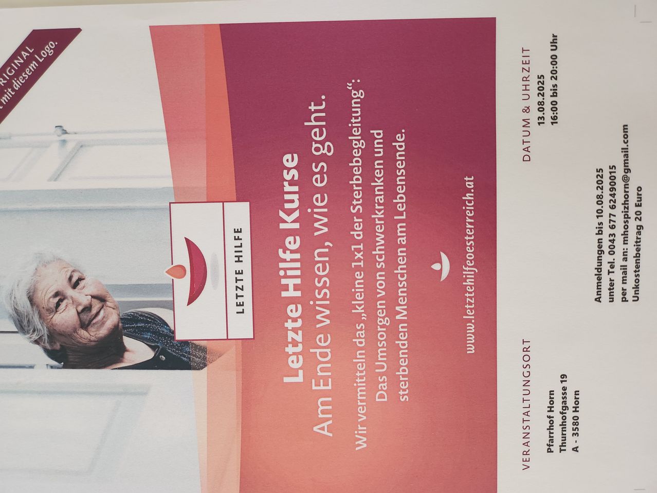Ein Poster mit einem Kurs namens 'Letzte Hilfe Kurs', das ein Bild einer älteren Frau zeigt und Informationen über den Kurs und seinen Zeitplan enthält.
