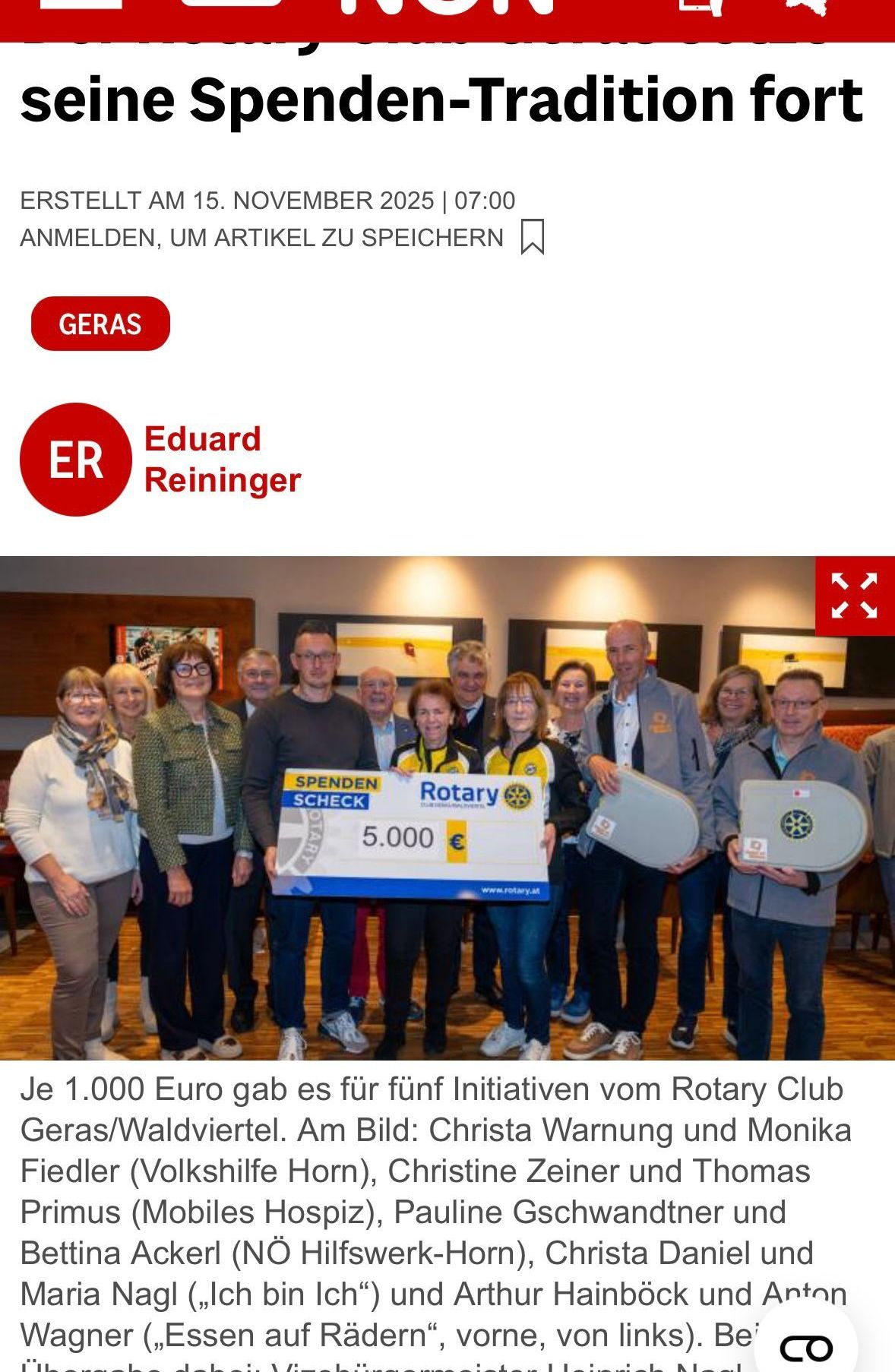 Der Rotary Club Geras/Waldviertel spendete 1.000 Euro für fünf Initiativen. Das Gruppenfoto zeigt Eduard Reininger.
