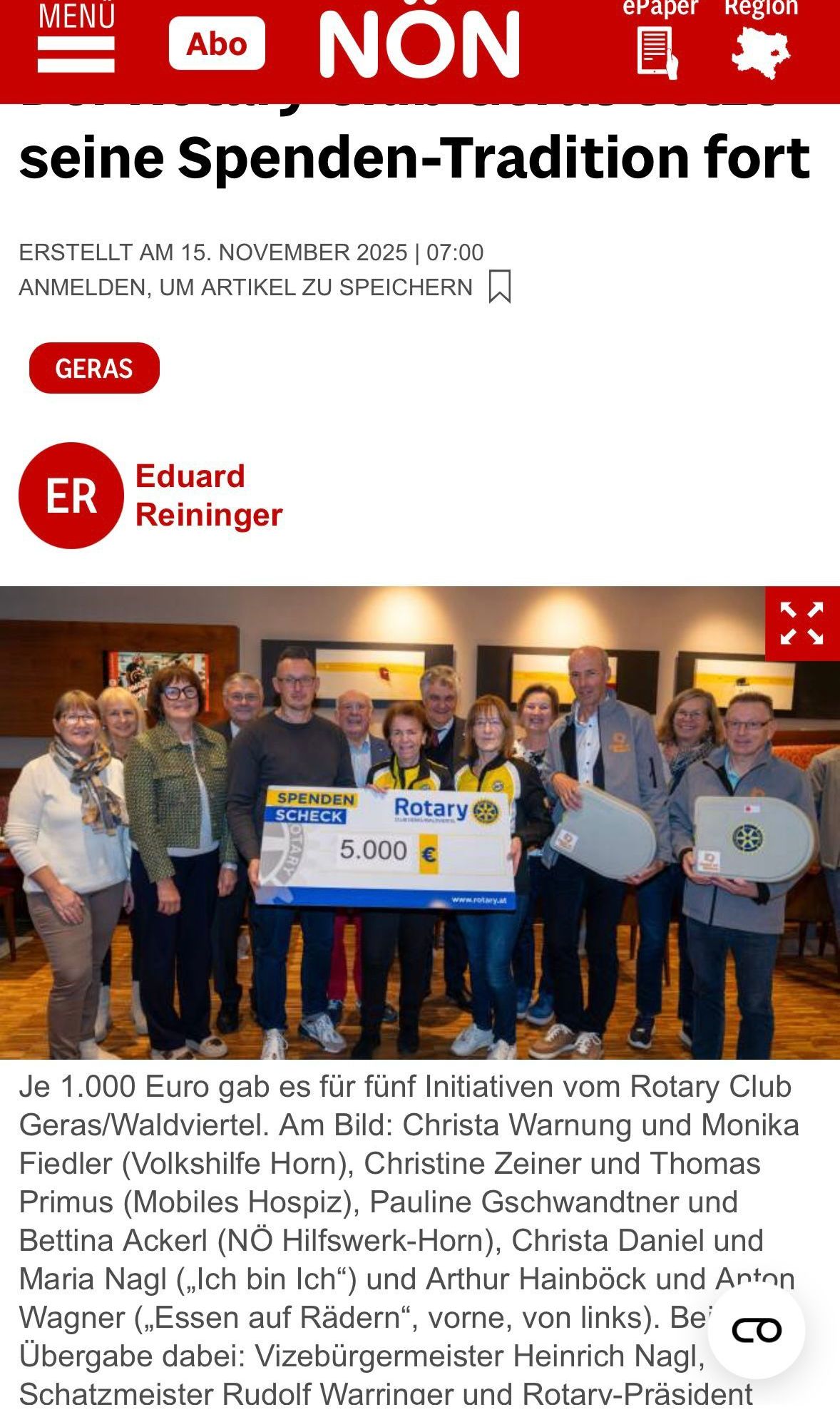 Der Rotary Club Geras/Waldviertel spendete 1.000 Euro für fünf Initiativen. Das Gruppenfoto zeigt Eduard Reininger.