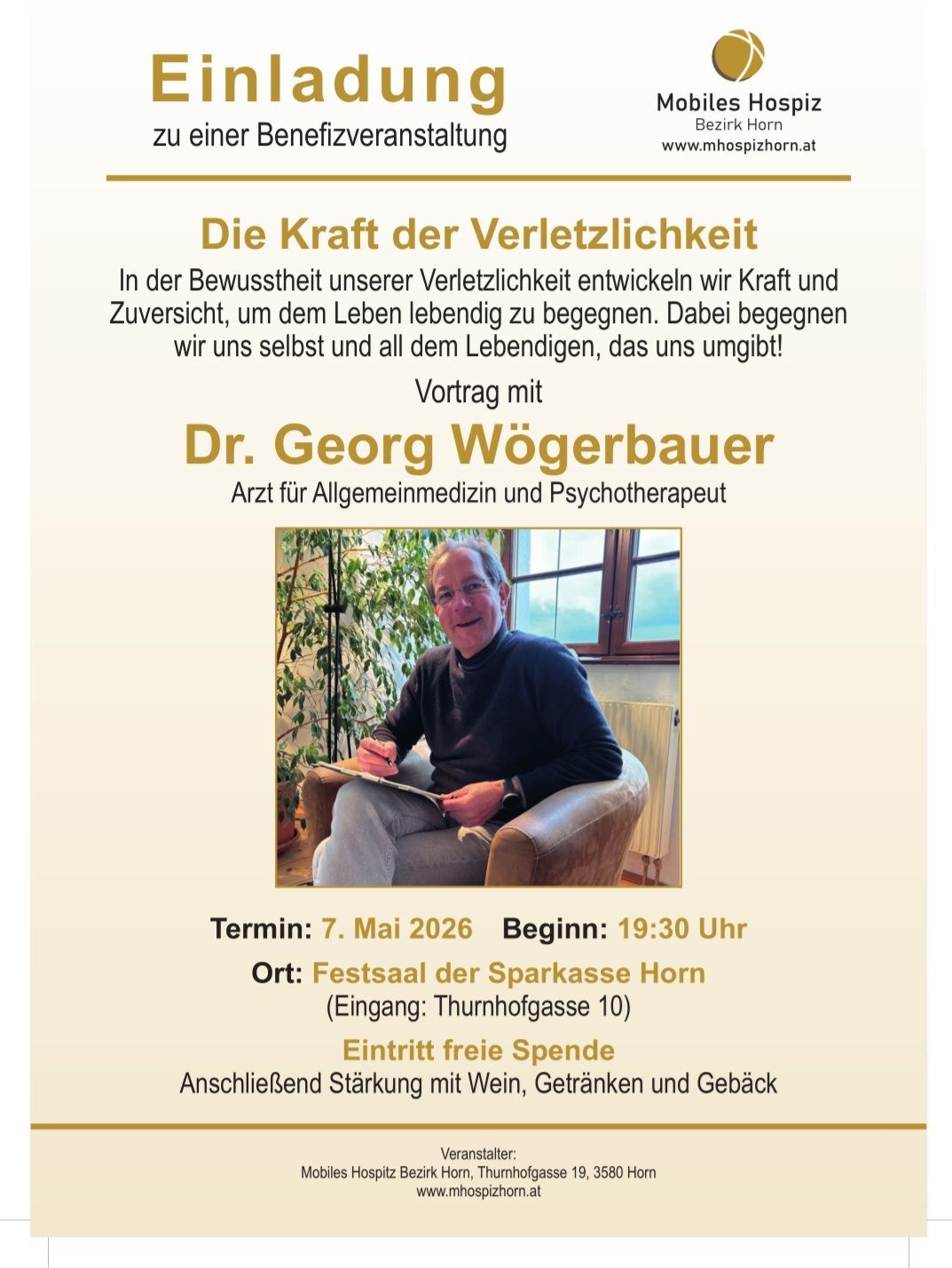 Vortrag über die Kraft der Resilienz mit Dr. Georg Wögerbauer, 7. Mai 2026, 19:30 Uhr, Sparkasse Horn, freier Eintritt, anschließend Stärkung mit Wein, Getränken und Gebäck.