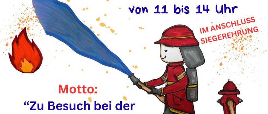 Plakat für den Tag der offenen Tür bei der Feuerwehr Feldkirchen am 6. September 2025. Es zeigt einen Feuerwehrmann mit Schlauch und Hydrant. Die Veranstaltung läuft von 11 bis 15 Uhr.