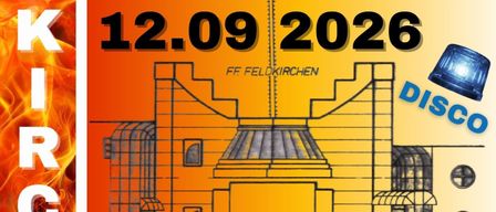 Plakat für das Feldkirchener Feuerwehrfest am Samstag, 12. September 2026. Zeigt ein Gebäude, Disco und Live-Musik von Gero-Live & Friends.