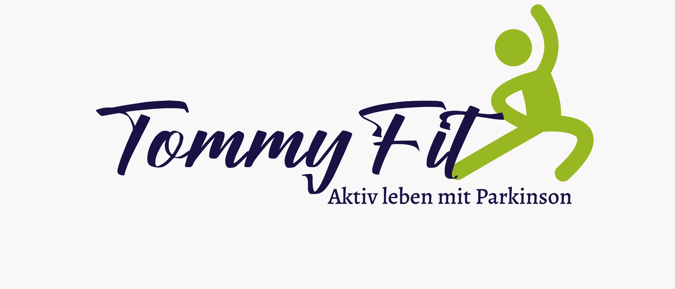 Das Tommy Fit Logo zeigt eine grüne Person, die einen Sprung macht, mit den Worten 'Tommy Fit' und 'Aktiv leben mit Parkinson' darunter.
