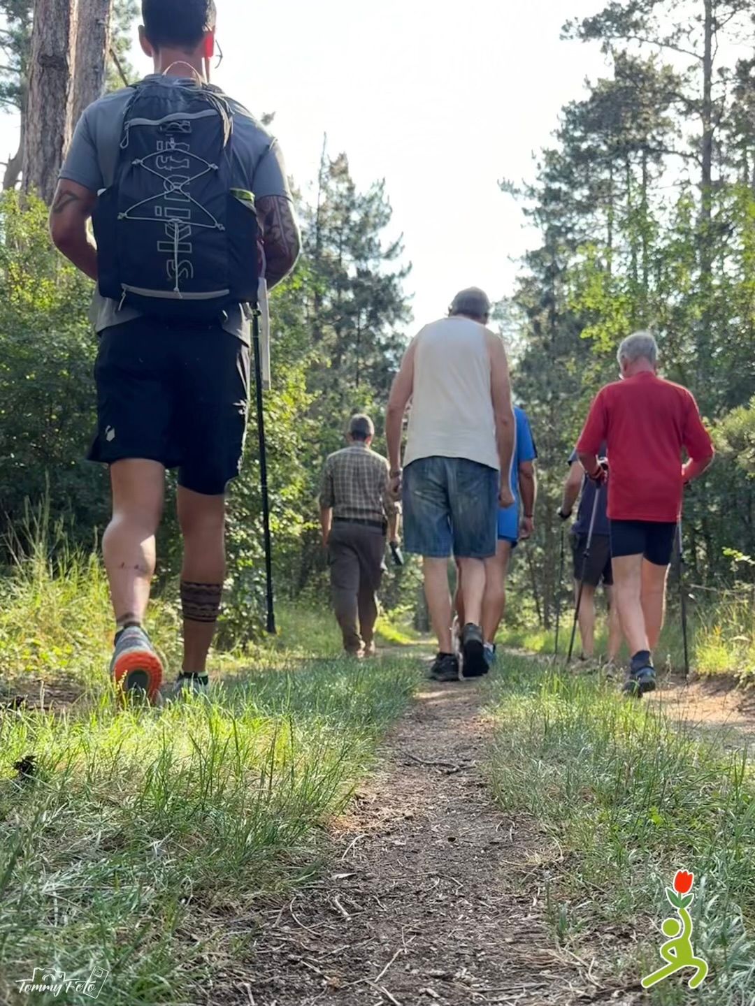 A group of hikers wearing casual clothing and carrying backpacks are walking on a dirt path in a forest.
