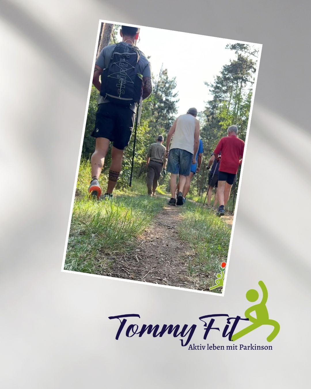 A group of men hiking in a forest with backpacks and walking sticks.