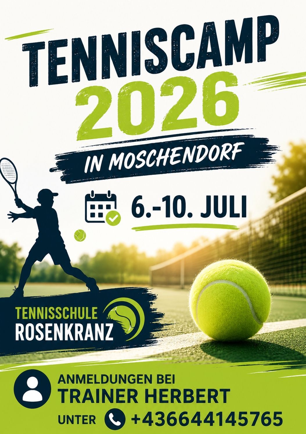 Tennis 2026 Event in Moscendorf vom 6. bis 10. Juli. Ein Tennisspieler ist mit Schläger auf dem Platz zu sehen.