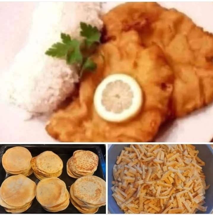Eine Collage aus drei Bildern zeigt einen gebratenen Fischfilet mit einer Zitronenscheibe, Reis und einem grünen Blatt darauf. Unten sind Pfannkuchen und geriebene Käse in separaten Bildern.