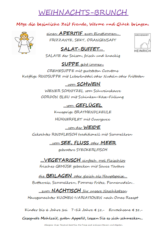 Der Weihnachtsbrunch-Menü bietet Aperitifs, Salate, Suppen, Fleisch, Geflügel, Fisch und vegetarische Optionen an. Desserts und Nachttisch sind ebenfalls verfügbar. Kinder unter 6 Jahren sind kostenlos, und die Preise für ältere Kinder und Erwachsene sind aufgeführt.