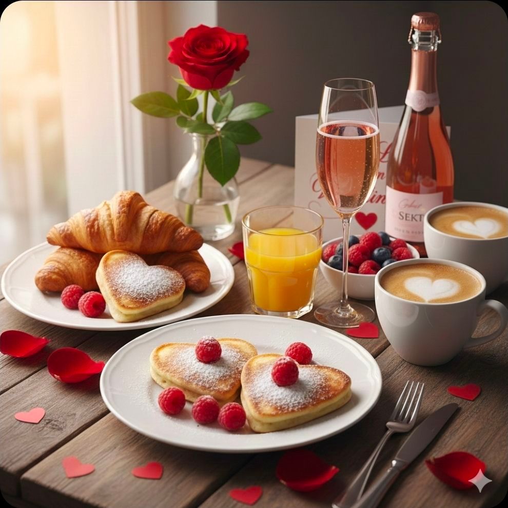 A breakfast table with two heart-shaped pancakes, croissants, berries, orange juice, coffee, and a rose in a vase, on a wooden table.