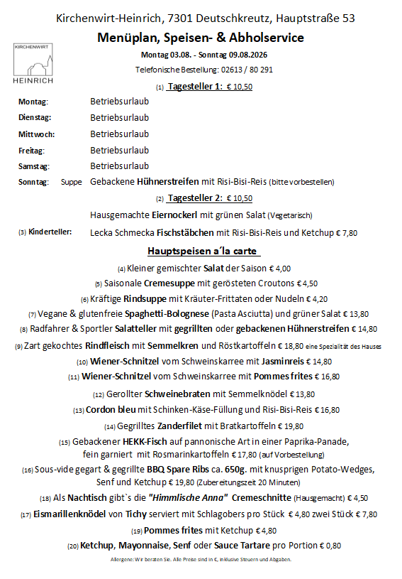 Ein Wochenmenüplan mit verschiedenen Gerichten und Preisen. Das Menü umfasst Optionen wie gegrillter Fisch, Hühnerstreifen und Salate. Das Dokument enthält auch Kontaktinformationen für Bestellungen.