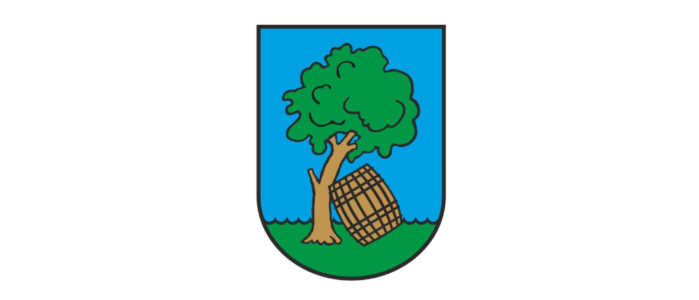 Ein blauer Schild mit einem Baum und einem Fass in der Mitte. Der Baum hat grüne Blätter und einen braunen Stamm. Das Fass ist braun und lehnt sich gegen den Baum. Der Schild ist von einem weißen Hintergrund umgeben.