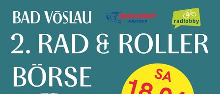 Werbung für den zweiten Fahrrad- und Rollermarkt in Bad Vöslau. Ein Frosch mit Helm fährt ein Fahrrad. Datum: 18. April, Zeit: 10-13 Uhr. Ort: Henriettenpark, Badner Strasse 3. Möchten Sie Ihr Fahrrad oder Roller verkaufen? Bringen Sie es mit, wir erledigen den Rest für Sie!