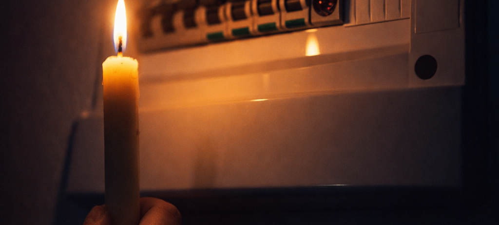 Eine Hand hält eine brennende Kerze vor einem Sicherungskasten. Die Kerze spendet Licht in einem schwach beleuchteten Bereich.
