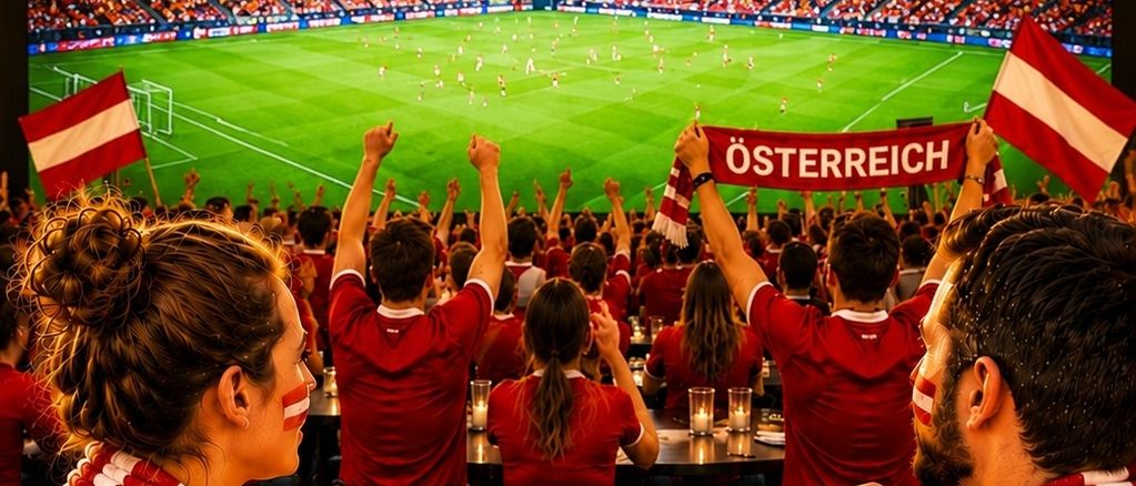 Fans in roten Trikots sehen sich ein Fußballspiel auf einer großen Leinwand an. Sie jubeln und halten Fahnen hoch. Das Stadion ist voll, und es gibt Essen auf dem Tisch.