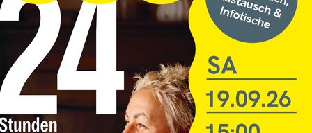 Ein Plakat für die Filmvorführung von '24 Stunden' von Harald Friedl, mit dem Profil einer Frau und Details zur Veranstaltung am 19.09.26 um 15:00 Uhr.
