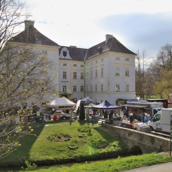 Ein weißes Gebäude mit vielen Fenstern und einem Schild, das Rathaus steht in der Mitte eines Parks mit einem kleinen Bach. Vor dem Gebäude stehen mehrere Zelte und Menschen. Ein weißer Lieferwagen ist in der Nähe geparkt.