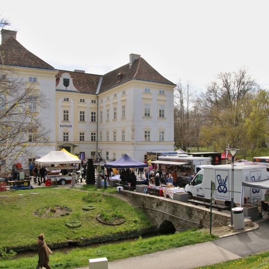 Ein geschäftiger Markt vor einem großen weißen Gebäude mit einem großen braunen Dach. Menschen gehen herum, einige stöbern in den Marktständen, andere unterhalten sich. Bäume und eine Brücke sind im Hintergrund zu sehen.