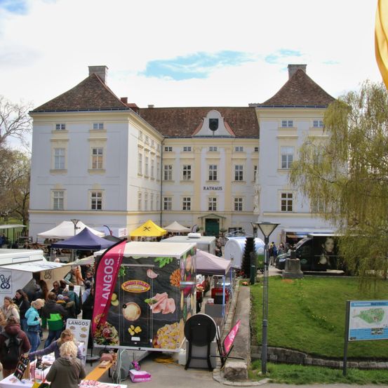 Ein großes weißes Gebäude, Rathaus beschriftet, erhebt sich mit vielen Fenstern und einem braunen Dach. Darunter ist ein geschäftiger Lebensmittelmarkt mit mehreren Zelten und Lebensmittelständen, an denen Menschen stöbern und einkaufen.