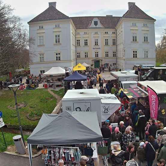 Luftaufnahme eines Freiluftmarktes mit Ständen vor einem großen Gebäude. Mehrere Zelte, darunter ein gelbes, sind aufgestellt. Zahlreiche Menschen gehen herum, und einige stehen in der Nähe der Stände. Das Gebäude hat viele Fenster und ein Schild, das Rathaus lautet.