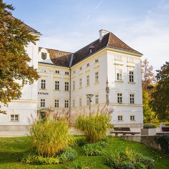Das Rathaus-Gebäude hat ein braunes Dach und mehrere Fenster, umgeben von Pflanzen und Bäumen. Draußen gibt es Bänke und Topfpflanzen.