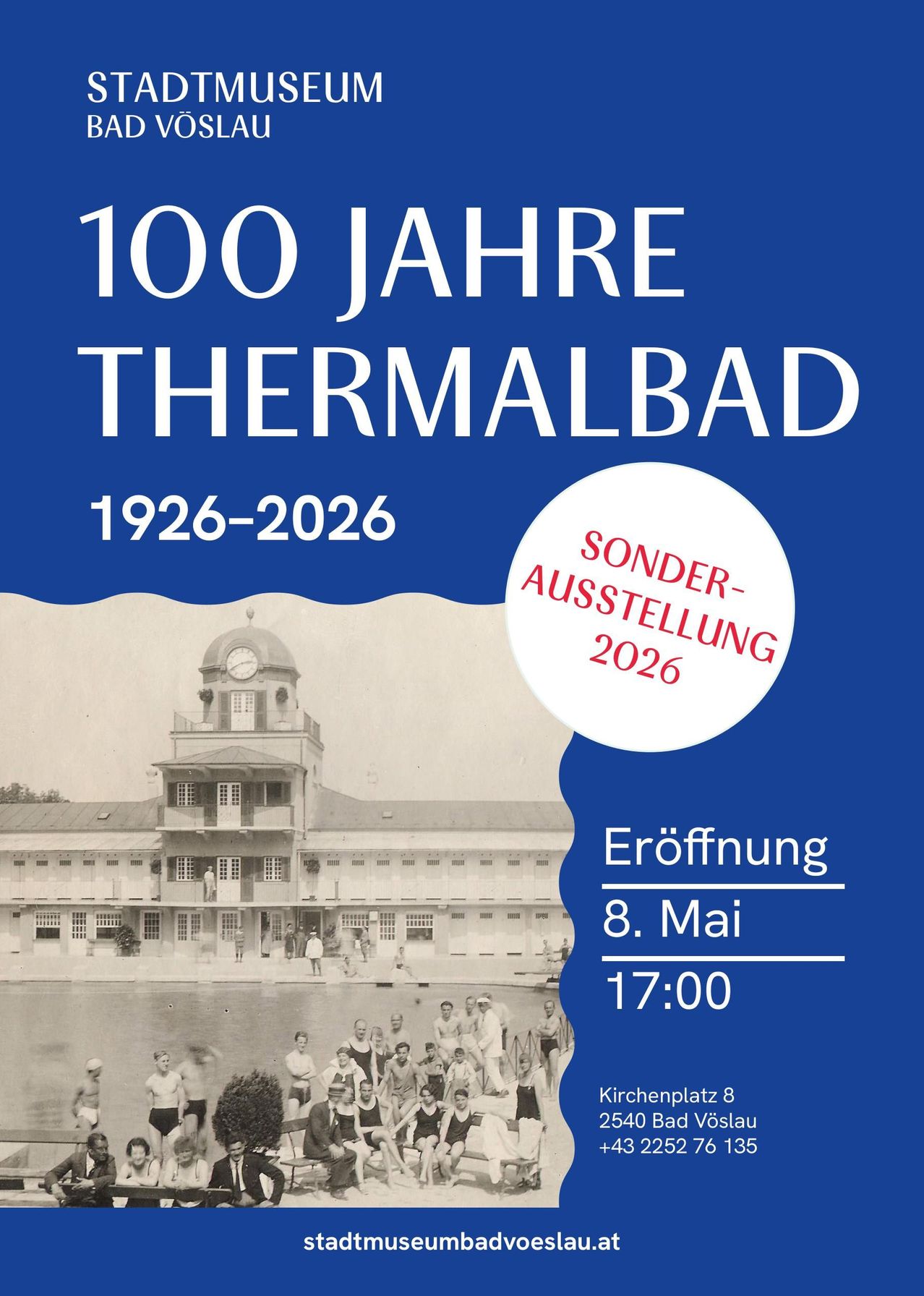 Plakat für das 100-jährige Jubiläum von Thermalbad, mit einem Vintage-Foto eines Gebäudes und Menschen, den Jahren 1926-2026 und dem Veranstaltungsdatum 8. Mai 2026.