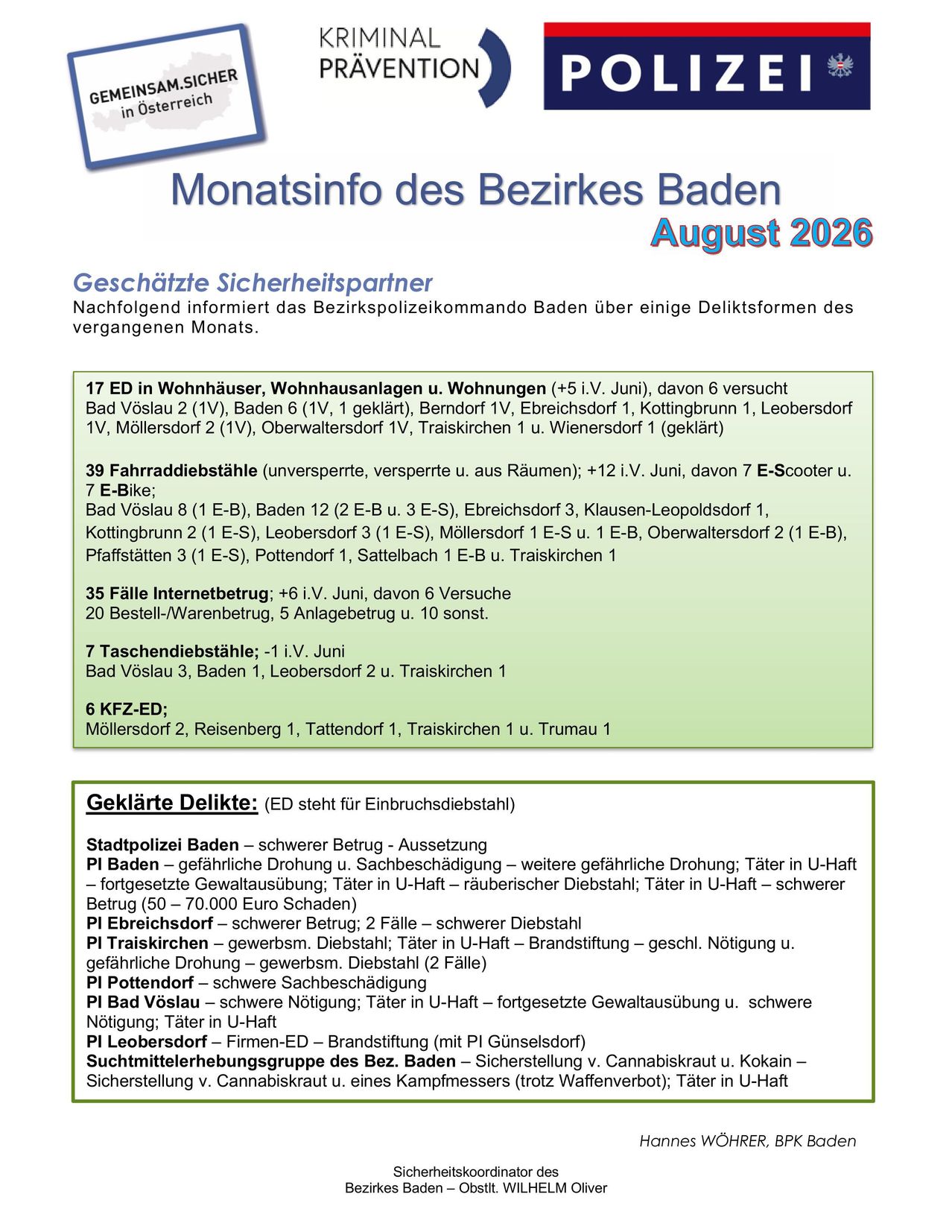 Ein Dokument mit dem Titel 'Monatsinfo des Bezirks Baden August 2026' listet verschiedene Kriminalitätsstatistiken für den Monat August auf, einschließlich Diebstähle, Fahrraddiebstähle, Internetbetrug und andere Straftaten. Das Dokument ist in Abschnitte unterteilt, die verschiedene Arten von Straftaten und deren Standorte beschreiben.