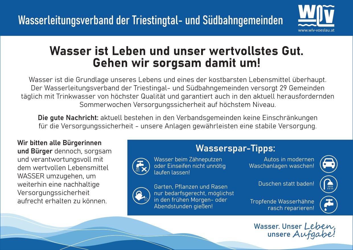 Ein Plakat der Wasserversorgungsverband der Triestingtal- und Südbahngemeinden betont die Bedeutung von Wasser und ihre Verpflichtung zur Bereitstellung von hochwertigem Trinkwasser und zur Sicherstellung der Versorgungssicherheit. Es bietet auch Wasserspartipps an.