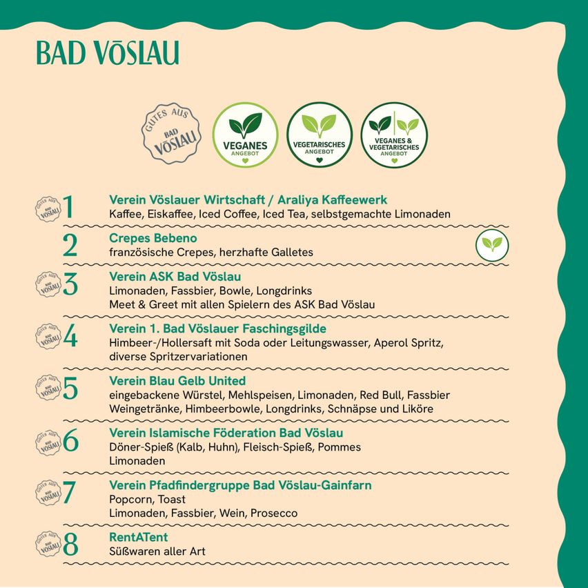 Eine Werbung für Bad Vöslau mit verschiedenen veganen und vegetarischen Angeboten, einschließlich Kaffee, Crepes und Getränke. Es listet verschiedene Vereinigungen und deren Angebote auf.