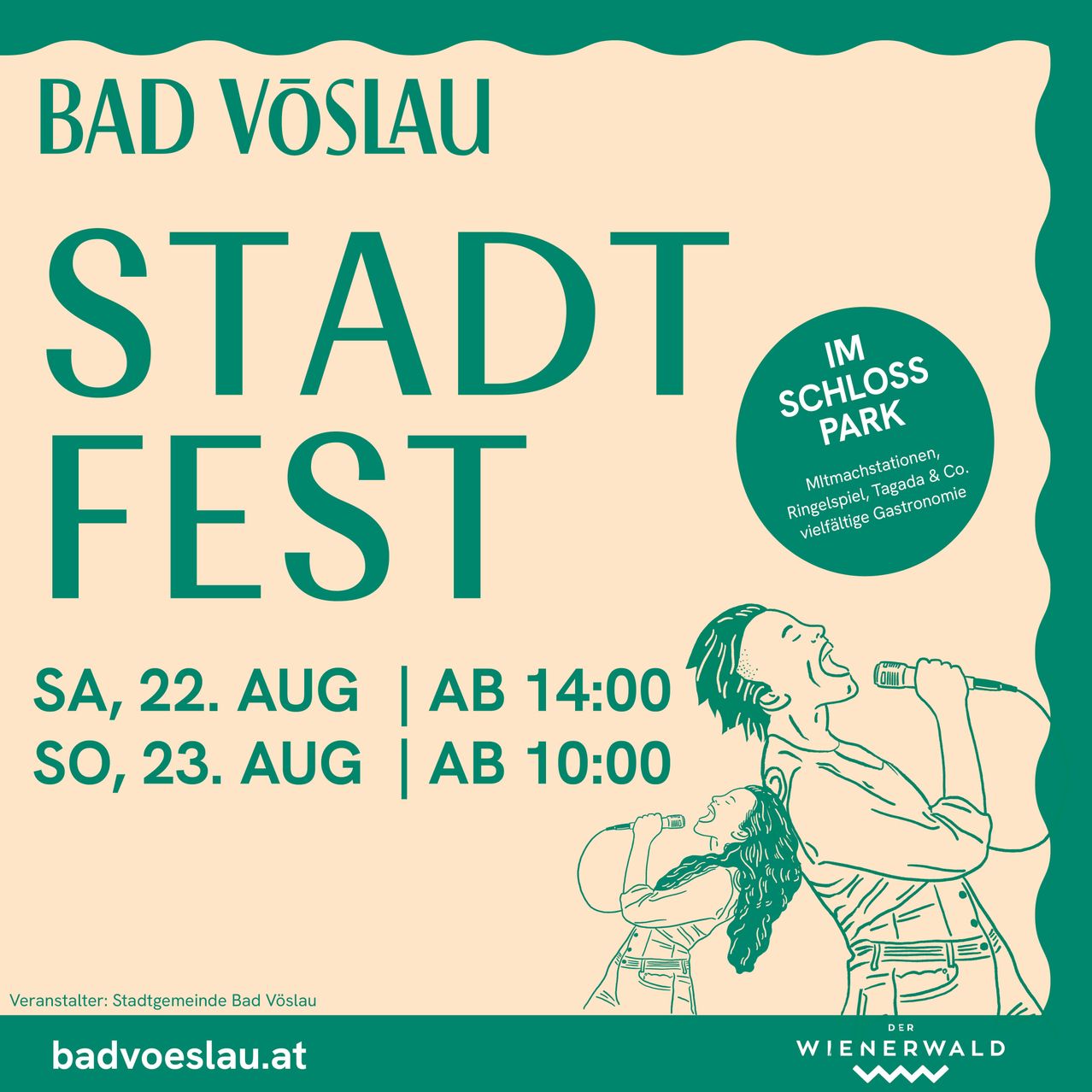 Plakat für das Stadt Fest in Bad Vöslau, das ein Paar auf der Bühne singen zeigt. Die Plakatfarben sind grün und beige.